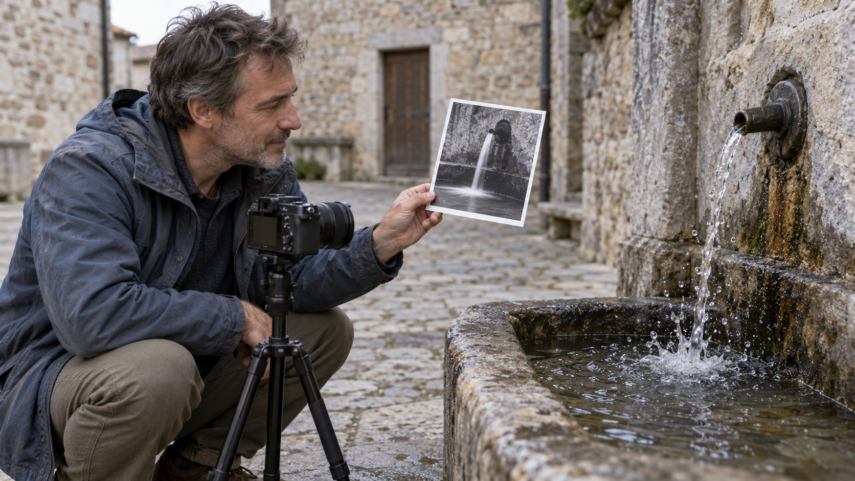 A photographer compares a smooth long-exposure print of a fountain with its splashing water