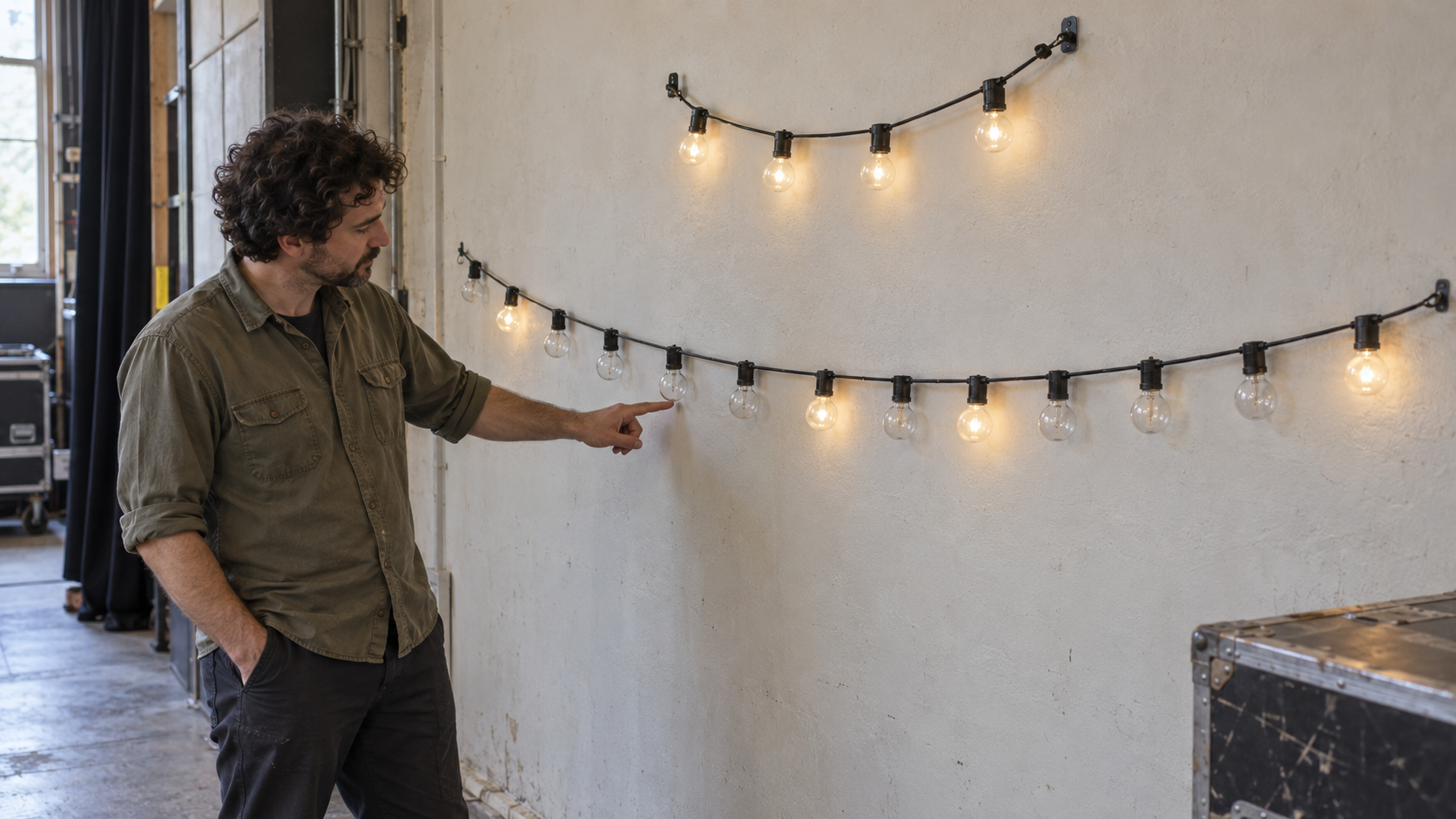 A theater technician compares a short string of four glowing bulbs with a longer string containing four glowing bulbs and several dark ones