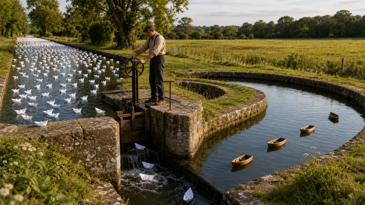 A canal keeper filters many paper boats into a few sturdy wooden boats that return through a looping channel