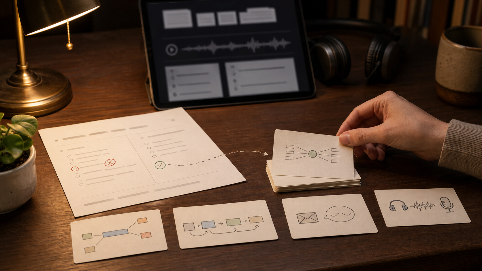 A warm TOEFL study desk where a checked official-practice mistake becomes one flashcard, surrounded by vocabulary, sentence-building, email, listening, and speaking cues.
