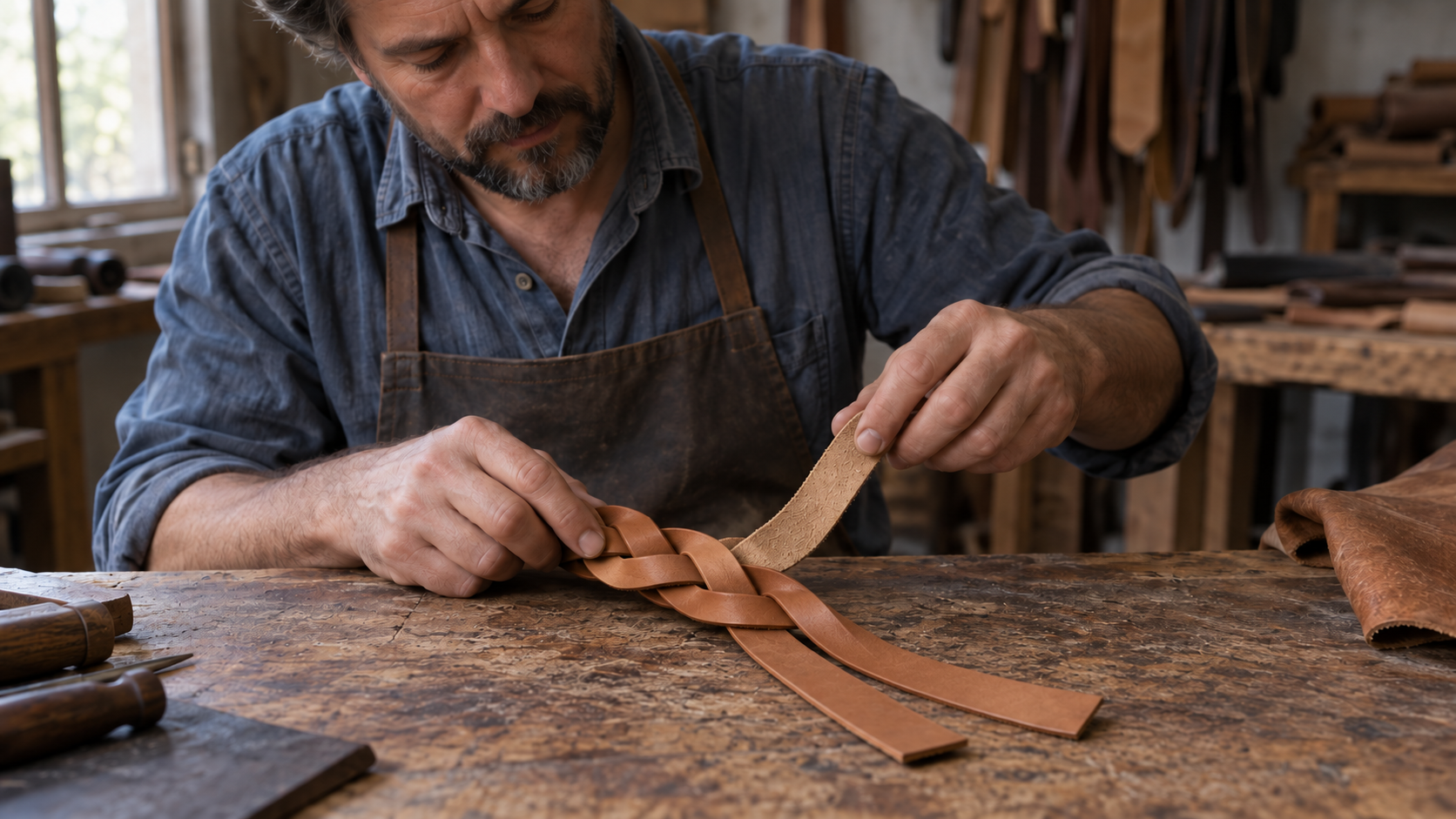 A leatherworker turning a strip to inspect its rough underside while working on a three-strand leather braid