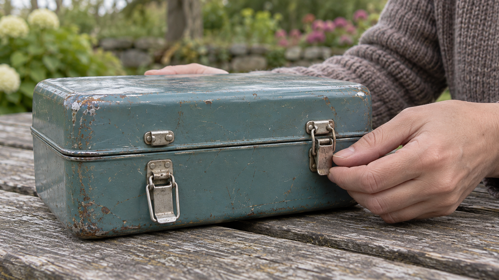 Close-up of an old lunchbox with two latches; one is open and the other is still closed, so the box cannot open until both are released