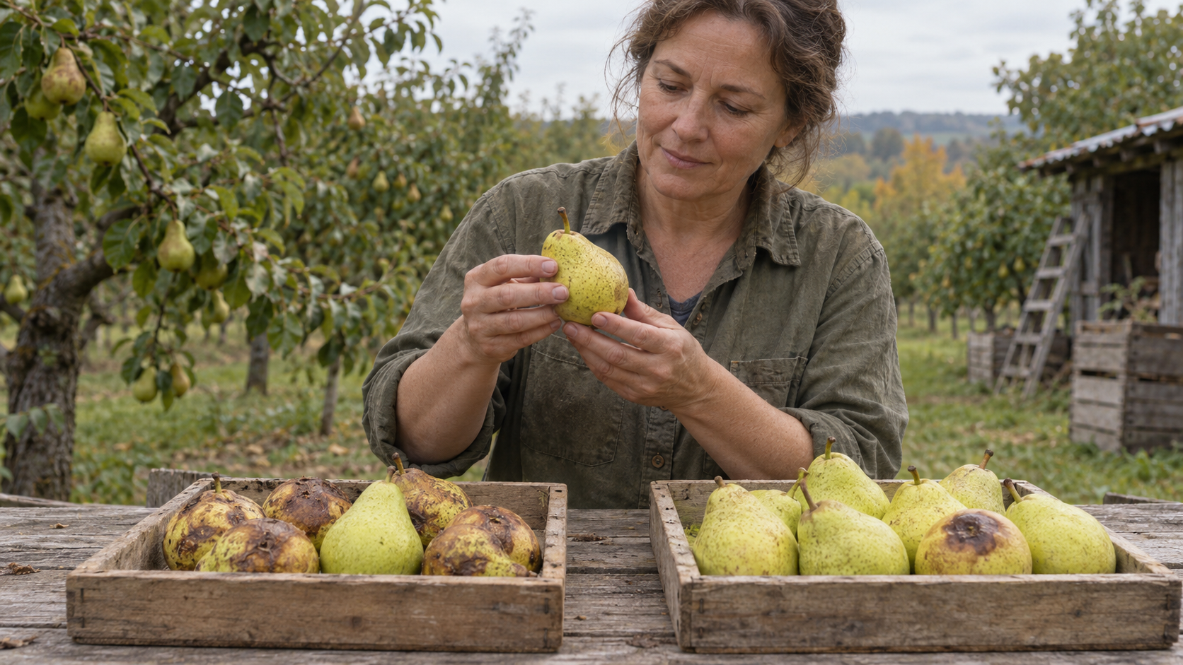 A woman sorts pears, with one sound pear among bruised fruit and one bruised pear among sound fruit