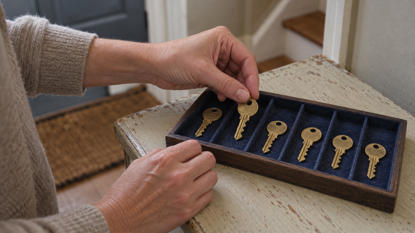 Similar keys being sorted into separate compartments of a small tray
