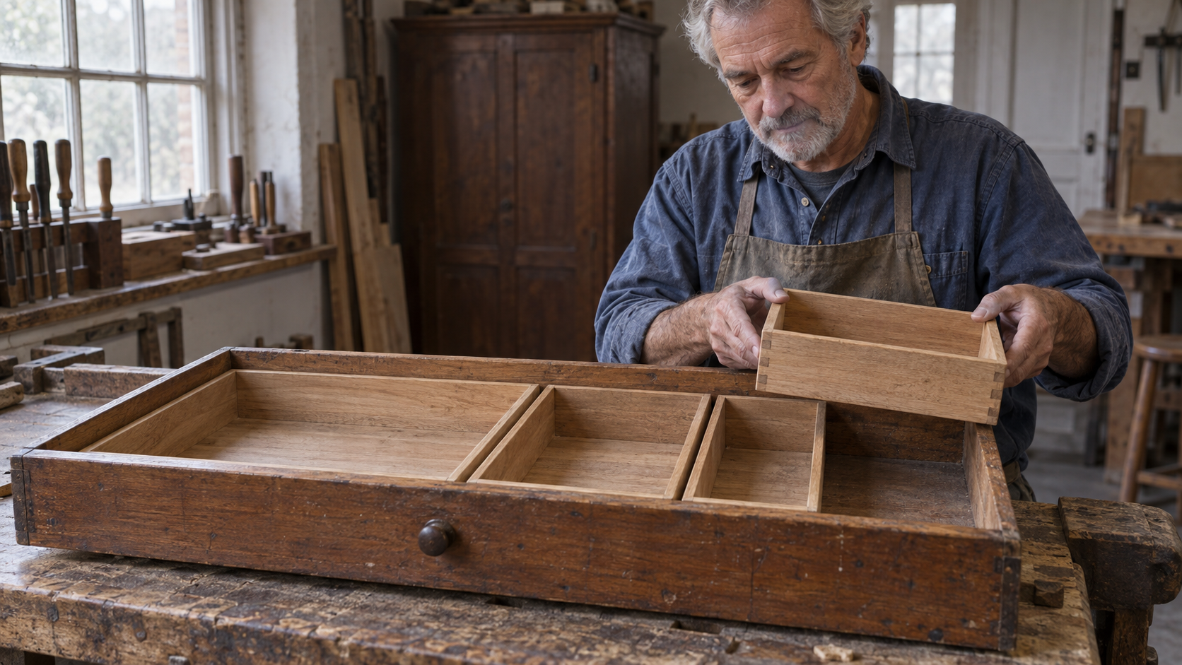 A cabinetmaker holds a wooden insert above a narrow gap beside three unequal boxes in a drawer