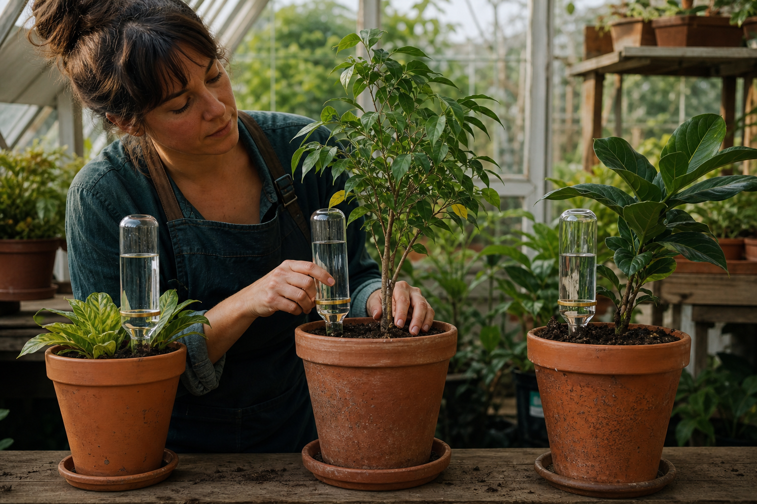 A greenhouse caretaker checks three plant reservoirs at different water levels and refills the one that reached its threshold