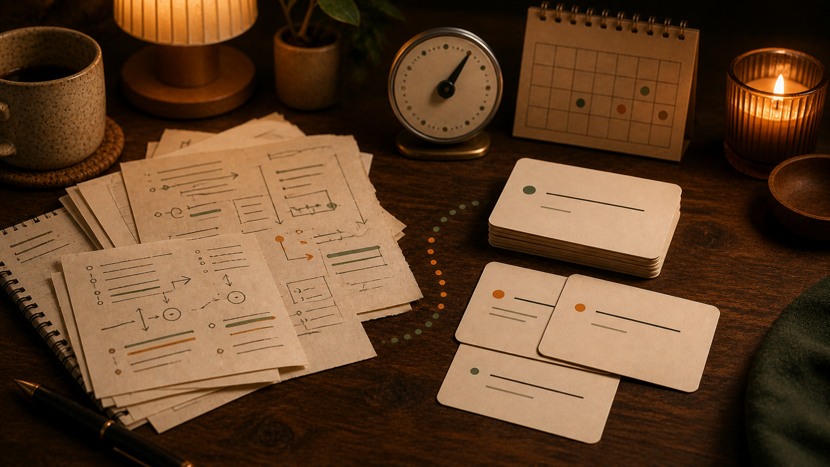 A few flashcards distilled from notes on a warm desk