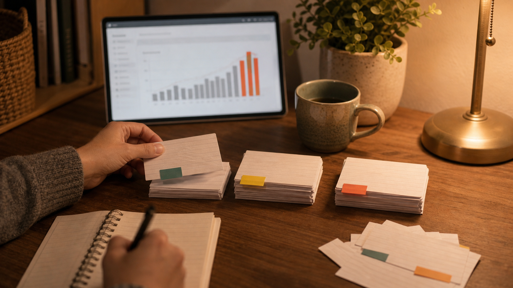 Warm desk scene with a hand sorting flashcards after an Anki review-count spike