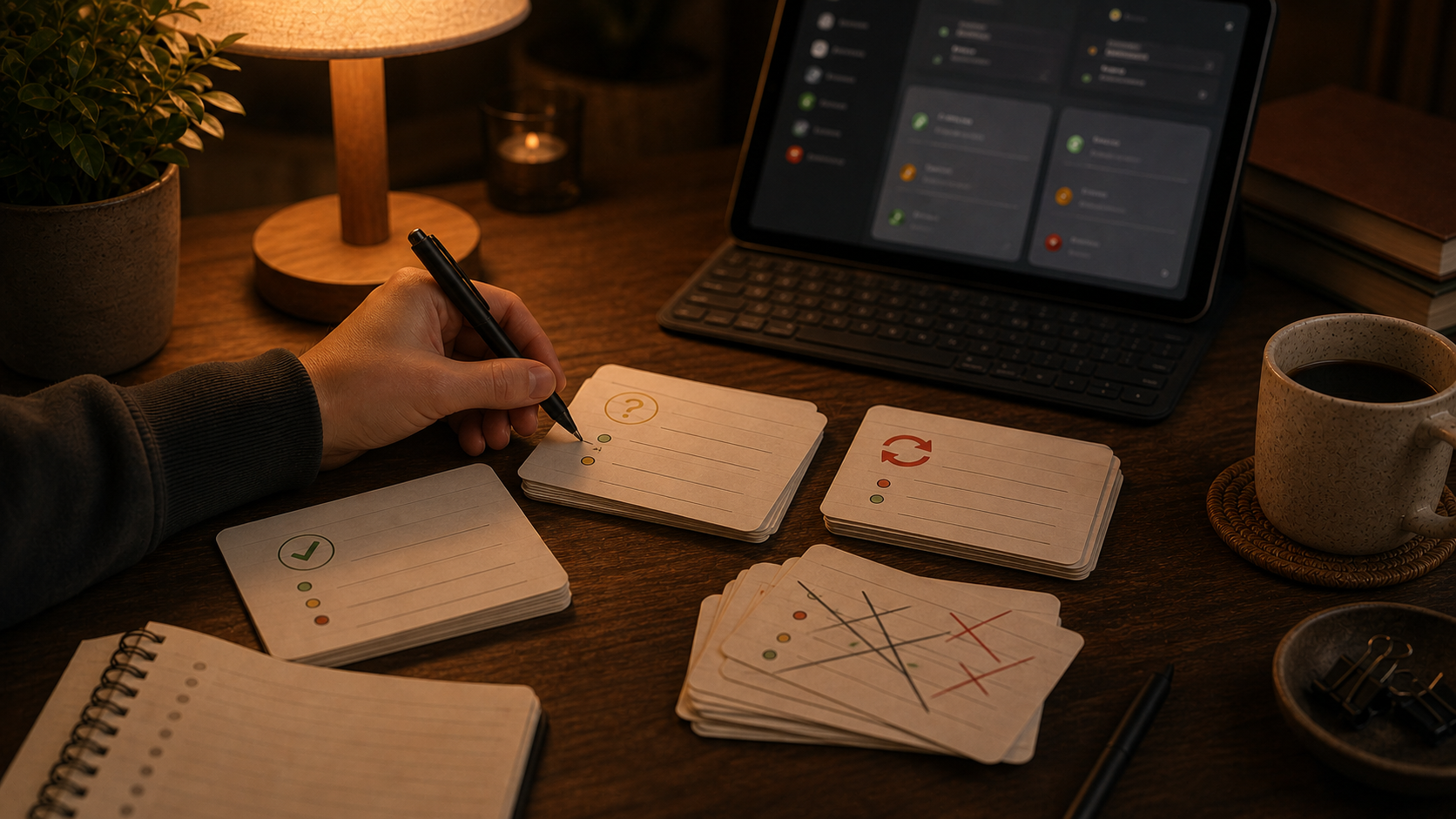 Warm desk with sorted flashcards for diagnosing why reviews are not working